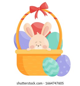Vector illustration with cute easter bunny in a basket with eggs.