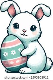 Vector illustration of a cute Easter Bunny holding decorated eggs. Adorable fluffy rabbit with pastel colors, perfect for Easter-themed designs.