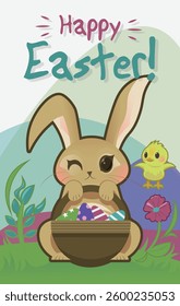 A vector illustration of a cute Easter Bunny holding a basket of Easter Eggs. 