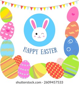 vector illustration of cute easter bunny asleep on eggs. With copy space for text