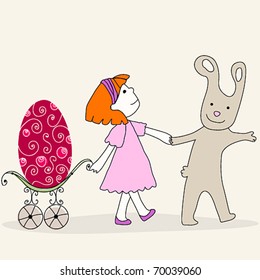 Vector illustration of cute Easter bunny and girl with floral Easter Egg