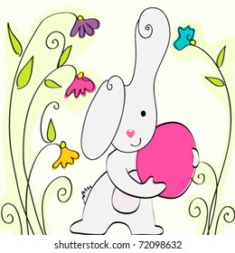 Vector illustration of cute Easter bunny holding egg