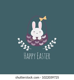 Vector illustration with cute easter rabbit sitting in a basket. Perfect for easter greeting cards, banners and invitations.