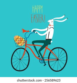 Vector illustration with cute Easter rabbit on city bicycle with gift egg in basket
