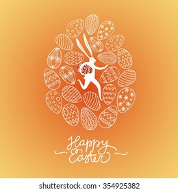 Vector illustration with cute Easter rabbit and doodle eggs on colorful background