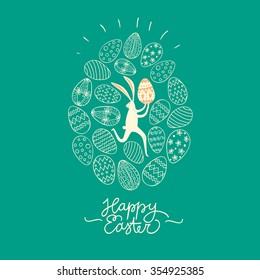 Vector illustration with cute Easter rabbit and doodle eggs on background