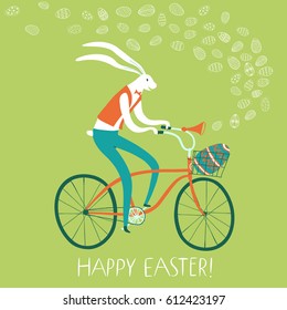 Vector illustration with cute Easter rabbit on  bicycle with gift egg in basket. Holiday illustration for your design.