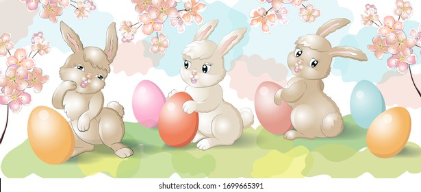 Vector illustration. Cute easter rabbits with eggs on the spring background. Eps 10.