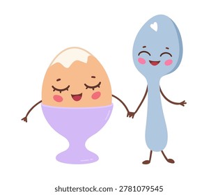 Vector illustration of cute egg in egg cup and spoon characters with smiling faces. Flat kawaii breakfast isolated objects.