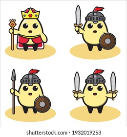Vector illustration of cute Egg King and knight cartoon set. Egg cartoon set. Good for icon, logo, label, sticker, clipart.
