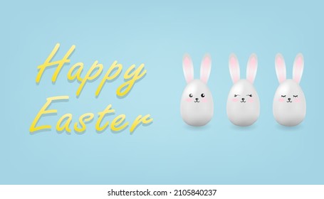 vector illustration of cute eggs with bunny ears and kawaii faces and Happy Easter lettering on a light blue background. beautiful cute easter card. easter greeting banner
