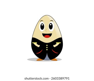 Vector Illustration of a cute egg-shaped Character in a black suit with buttons, cheerful smile and expressive eyes, suitable for children's content, mascots and cartoons.