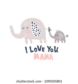 vector illustration cute elephant and baby, hand lettering i love you mama text