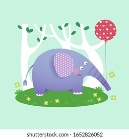 Vector illustration of a cute elephant with a balloon in the forest.