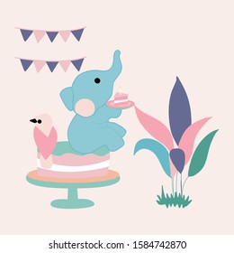 vector illustration with cute elephant, cake and leaves, perfect to use on the web or in print