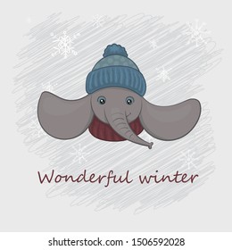 Vector illustration of a cute elephant in a cap  the gray background with white snowflakes and winter text.