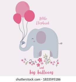 Vector illustration of a cute elephant. Childish design for birthday invitation or baby shower, poster, clothing, nursery wall art and card.