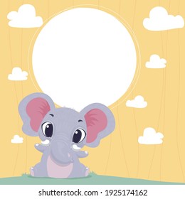 Vector Illustration of a Cute Elephant with Clouds and Blank Circle for Background  