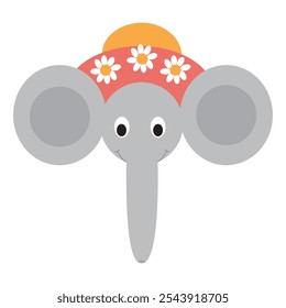 Vector illustration of a cute elephant with a floral-decorated hat.