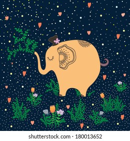 Vector illustration with cute elephant and flowers