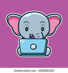 vector illustration of cute elephant in front of the laptop