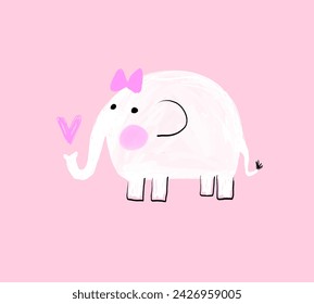 Vector Illustration with Cute Elephant Girl. Funny Hand Drawn Nursery Art with White Baby Elephant with Pink Bow and Heart on a light Pink Background. Crayon Drawing-like Print. RGB Colors.