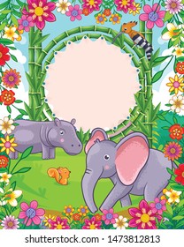 Vector illustration of cute elephant and hippo with bamboo blank sign in the garden