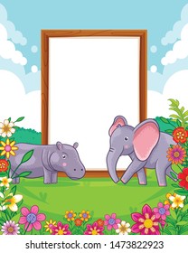 Vector illustration of cute elephant and hippo with wood blank sign in the park