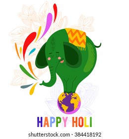 Vector illustration with cute elephant for Indian festival Holi celebrations- concept vector card in a colorful style.
