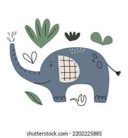 Vector illustration with cute elephant in the jungle on a white background for your design