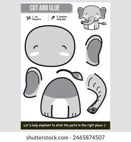 Vector illustration of cute elephant for kids educational paper game, cut and glue activity