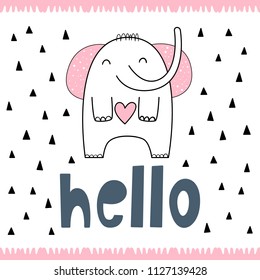 Vector illustration of a cute elephant. Nice background. Cartoon-style . Scandinavian motives

