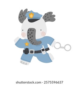 Vector illustration of cute elephant policeman on white. Elephant in a police uniform. Professions for children. Cute cartoon animals police character. Professions for children. Emergency. Boho. 