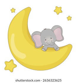 Vector illustration of a cute elephant sitting on a yellow crescent moon surrounded by stars. Perfect for nursery decor, baby shower invitations or kids room design.