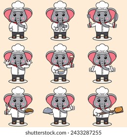 Vector Illustration of Cute Elephant wearing chef uniform. Flat Cartoon Style. Set of Cute Animal Characters in Chef Uniform. Vector illustration in isolated background. Cute Elephant illustration