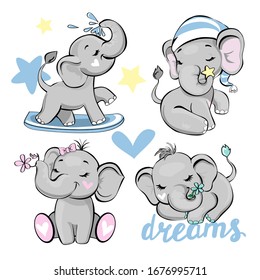 Vector illustration with a cute elephants isolated collection on a white background. Funny animals for kids