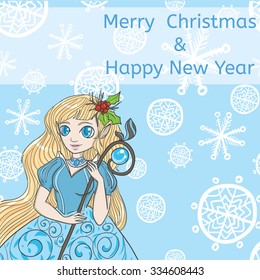 Vector illustration with cute elf. Greeting card. Merry Christmas and Happy New year. Winter elf with holly on blue background with seamless pattern of white snowflakes.