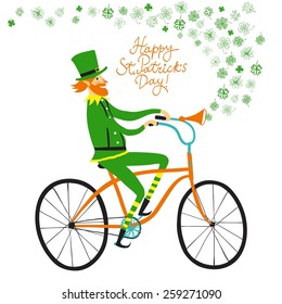 Vector illustration with cute elf leprechaun on city bicycle with clover