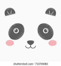 Vector illustration of cute embroidery toy panda. Baby teddy bear kawaii anime smiling face isolated on a  grey background. Black and white. Can be used as card, poster, print for t-shirt 