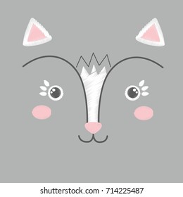 Vector illustration of cute embroidery of white and pink toy cat. Baby kawaii anime smiling kitten face isolated on a grey background. Black and white. Can be used as card, poster, print for t-shirt