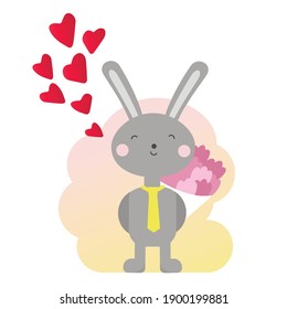 Vector illustration with a cute enamored rabbit with a heart. Cheerful kind gentle childish print, poster, design for textiles. Cartoon bunny with a bouquet. Declaration of love. Gradient. Isolated.