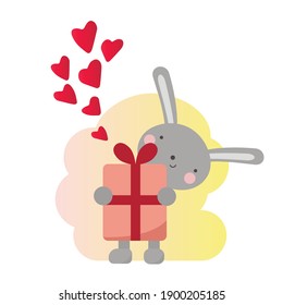 Vector illustration with a cute enamored rabbit with a heart and gift Cheerful kind gentle childish print, poster, design for textiles. Hand drawn cartoon bunny. Trendy gradient. Isolated. Valentine