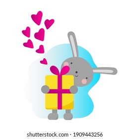 Ilustración vectorial con un bonito conejo adornado con corazón y regalo Alegre tipo tierno de impresión infantil, afiche, diseño para textiles. Conejo de dibujos a mano. Gradiente de moda. Aislado. Valentine