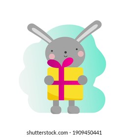 Vector illustration with a cute enamored rabbit with a heart and gift Cheerful kind gentle childish print, poster, design for textiles. Hand drawn cartoon bunny. Trendy gradient. Isolated. Valentine