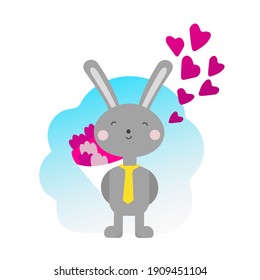 Vector illustration with a cute enamored rabbit with a heart. Cheerful kind gentle childish print, poster, design for textiles. Cartoon bunny with a bouquet. Declaration of love. Gradient. Isolated.