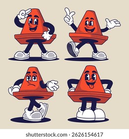 Vector illustration of a cute and expressive cartoon traffic cone character in multiple dynamic poses. Designed in a retro comic style with bold outlines and halftone shading.