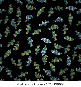 Vector illustration. Cute fabric pattern. Seamless Print. Flat doodles. Design. Elements black, yellow and blue on colors.