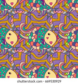 Vector illustration. Cute fabric texture. Seamless marine background. Decorative drawn pattern with fishes. Ocean fish on colored background.