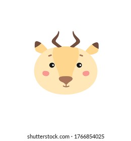 Vector illustration of a cute face antelope.  Exotic mammal. Isolated on white background. African tropical animal.Hand drawn savanna gazelle. Funny head safari antelope. Cartoon and flat style. 