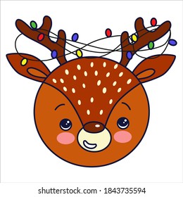 Vector illustration: cute face of Christmas deer with garland. Merry Christmas card background.